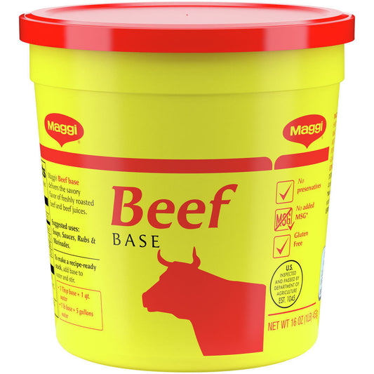 Maggi Beef Base 1 lb bulk tub showing rich beef concentrate for foodservice use