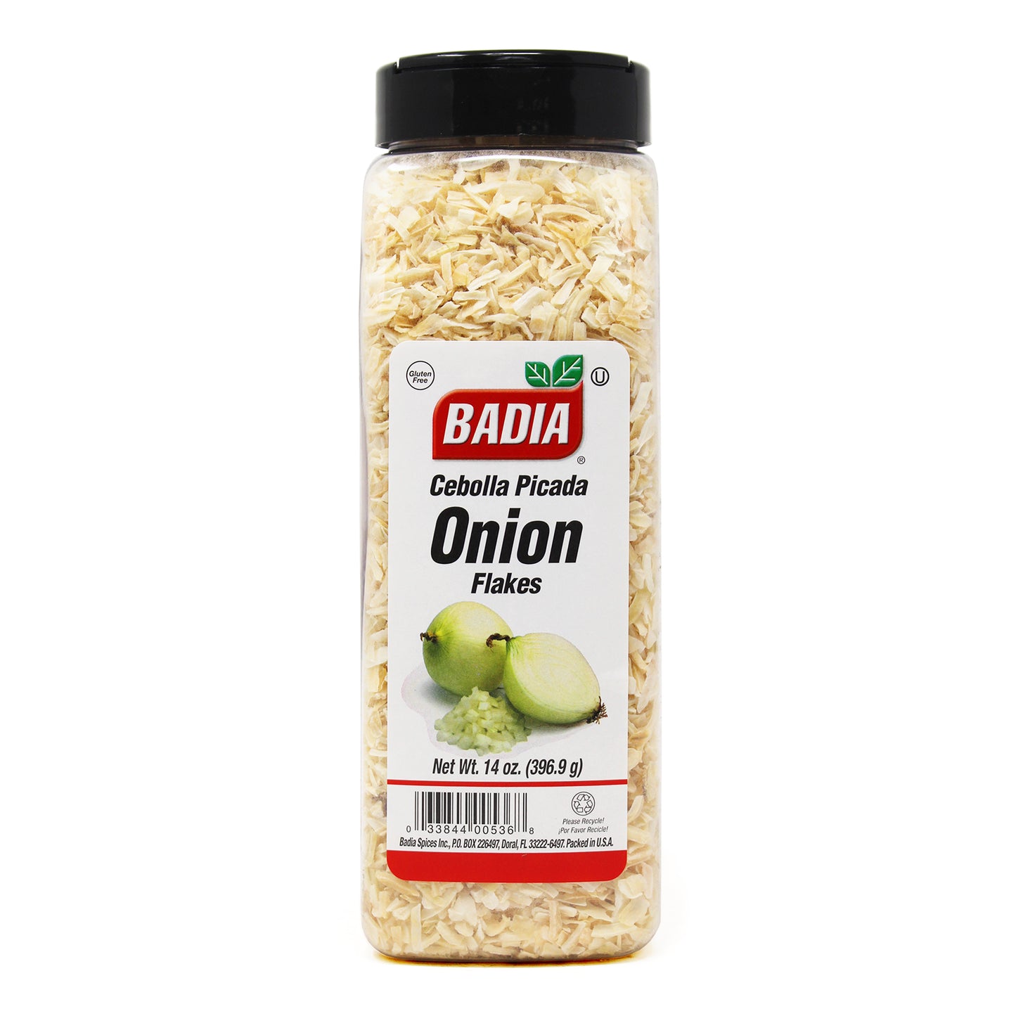 Jar of Badia Onion Flakes 14 oz displayed on white background