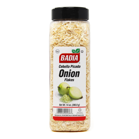 Jar of Badia Onion Flakes 14 oz displayed on white background