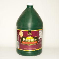 One gallon container of Regina Red Wine Vinegar, professional-grade with red liquid in a sturdy plastic jug.