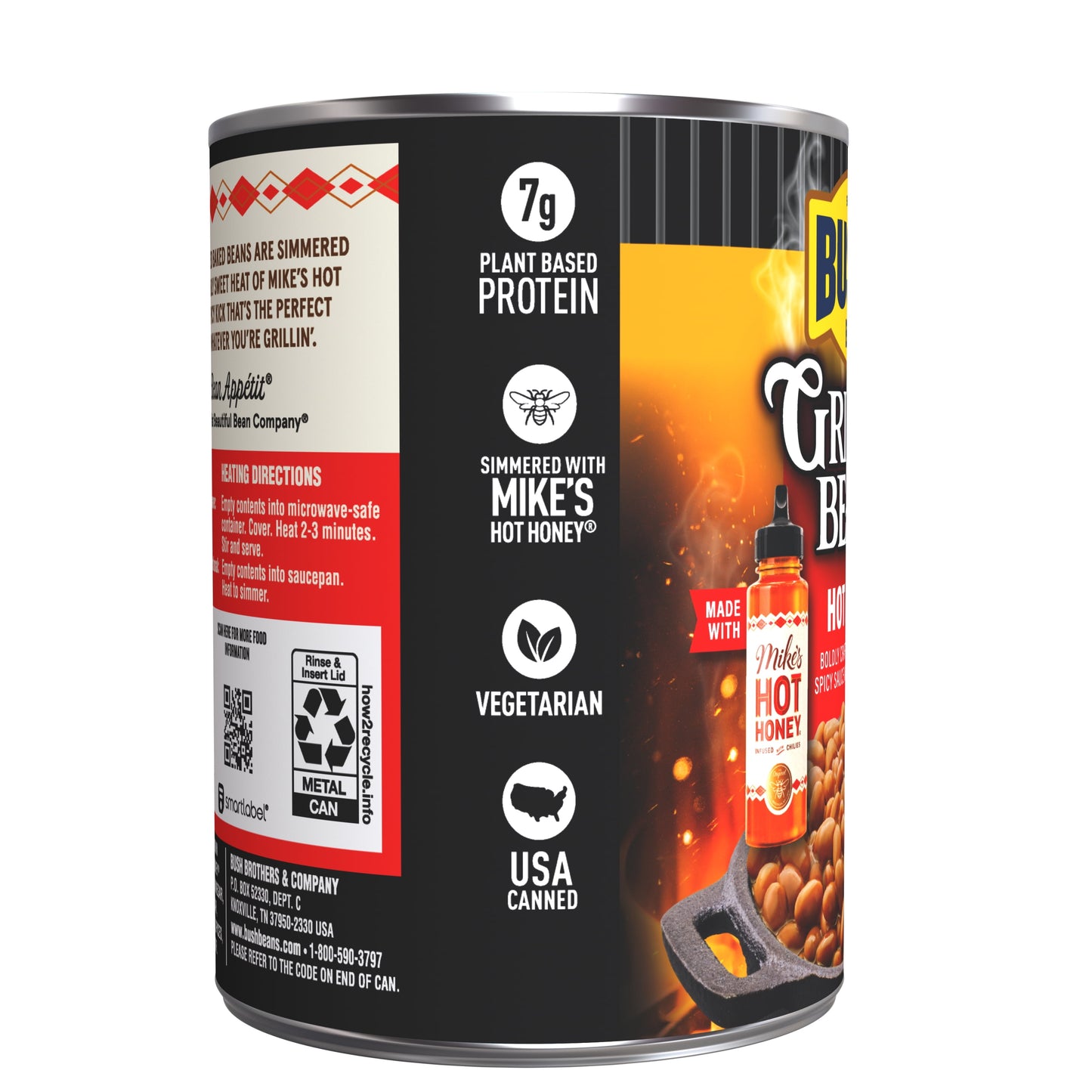 Bush's Grillin' Beans Hot Honey 55oz can with sweet and spicy label