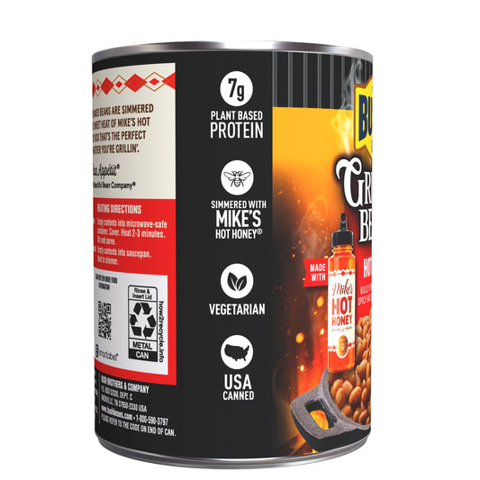 Bush's Grillin' Beans Hot Honey 55oz can with sweet and spicy label