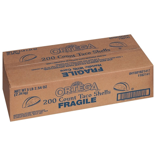Bulk case of 200 Ortega crunchy corn taco shells in packaging