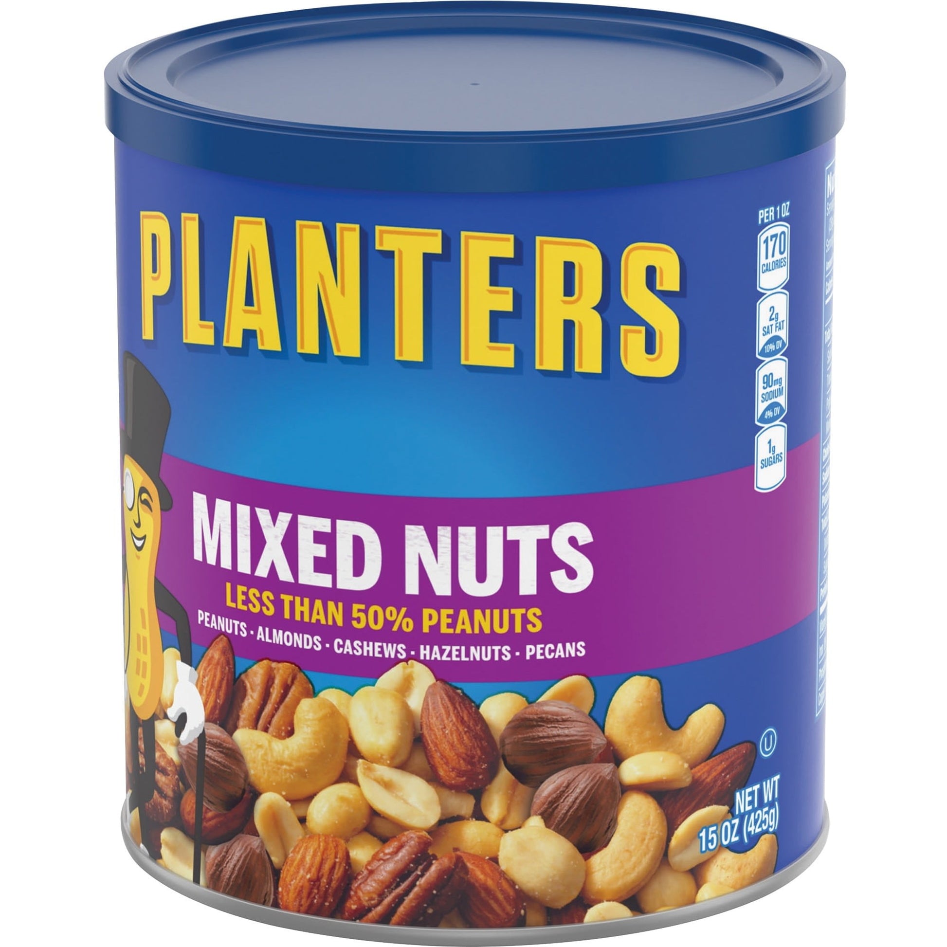 Planters Mixed Nuts 56 oz canister showing premium blend of nuts