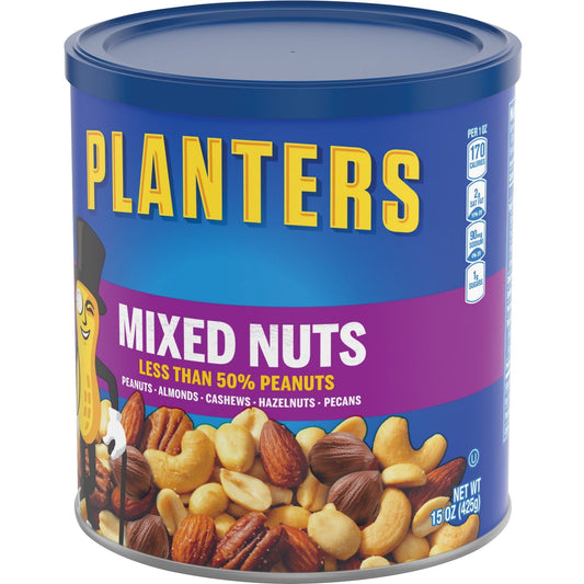 Planters Mixed Nuts 56 oz canister showing premium blend of nuts