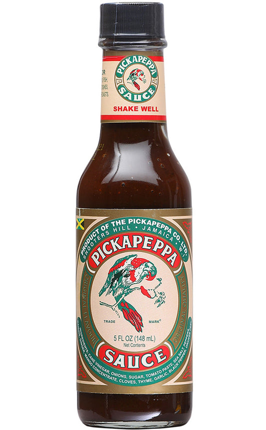 Pickapeppa Brown Sauce 5oz glass bottle showing label and product