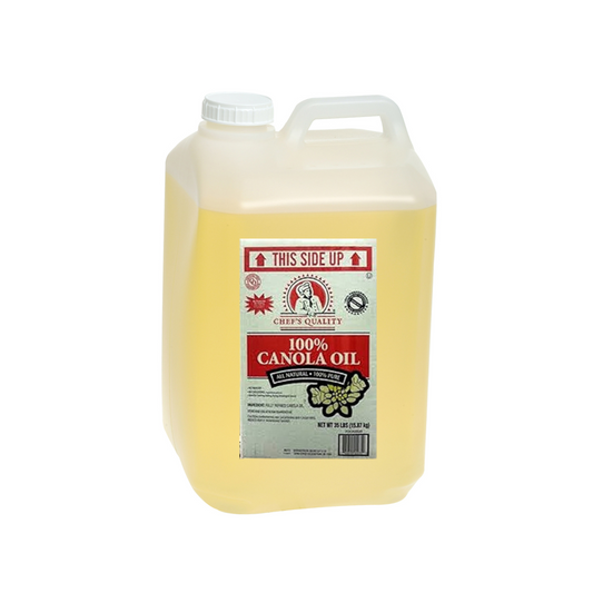 Large 35 lb jug of Chef's Quality Canola Liquid Fry Oil for bulk frying applications