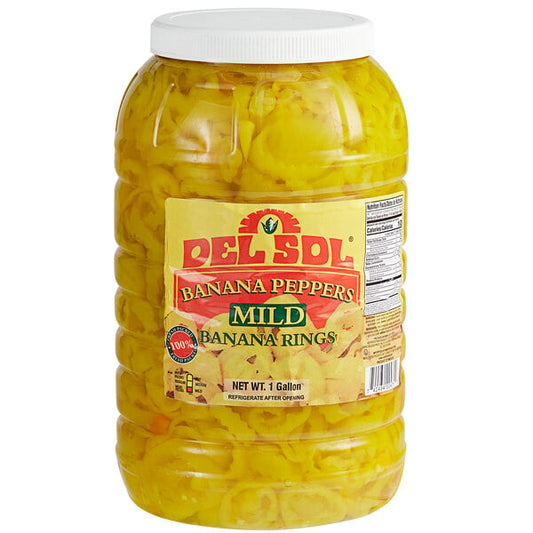 Del Sol Mild Banana Pepper Rings 1 Gallon bulk jar showing sliced yellow pickled pepper rings