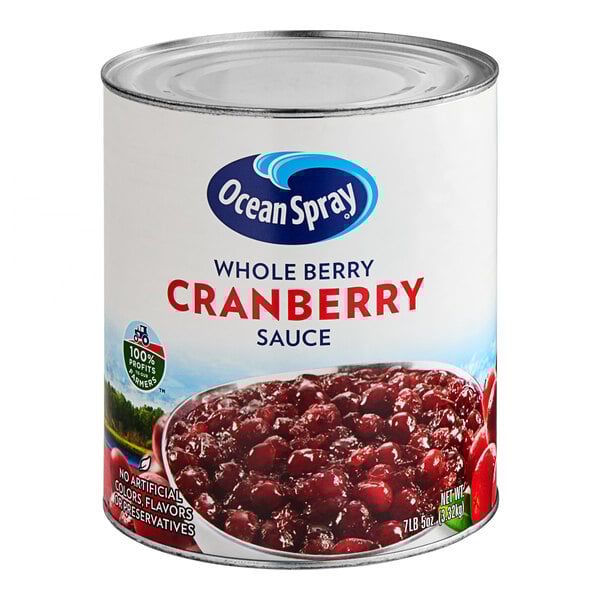 Ocean Spray Whole Berry Cranberry Sauce in a #10 bulk can with label and visible whole berries