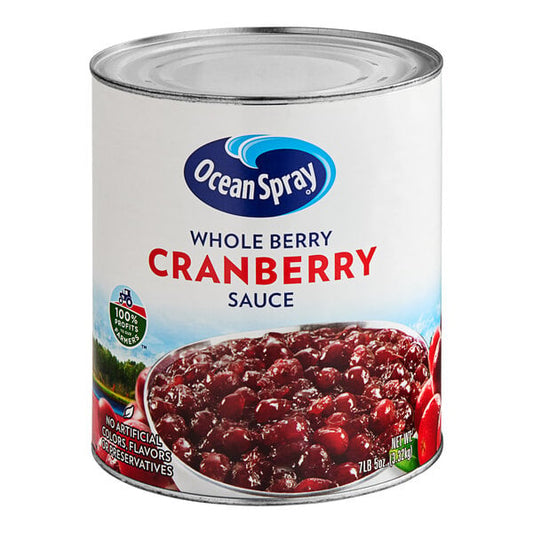 Ocean Spray Whole Berry Cranberry Sauce in a #10 bulk can with label and visible whole berries