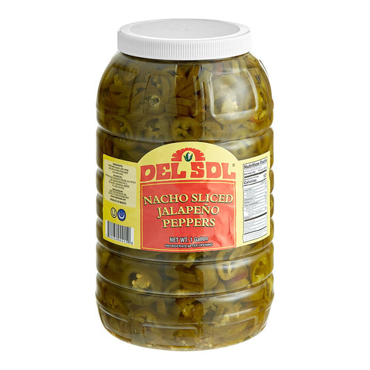 Del Sol Nacho Sliced Jalapeno Peppers in a 1 Gallon bulk foodservice container