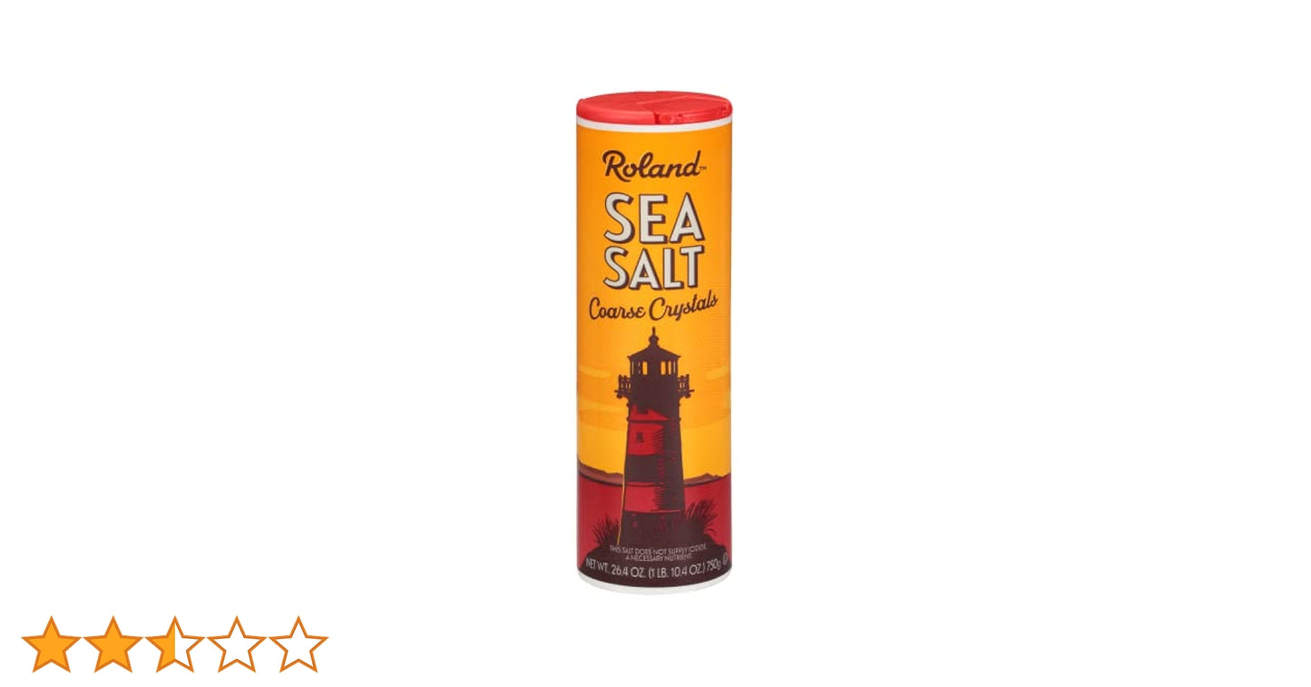 Roland Coarse Crystal Sea Salt 26 oz plastic shaker with granular sea salt crystals