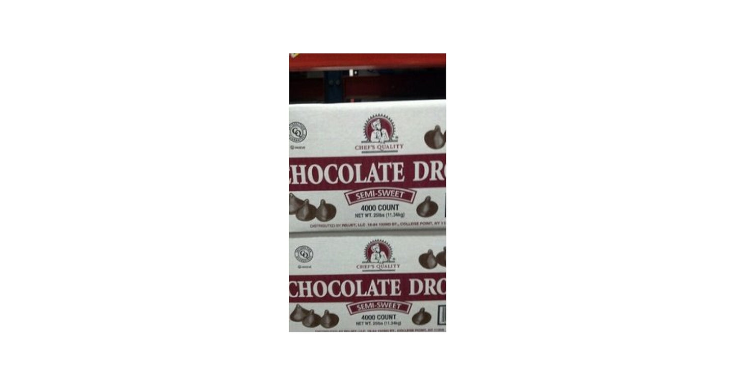 Bulk 25 lb case of Chef's Quality semi-sweet mini chocolate drops, ideal for baking and foodservice.