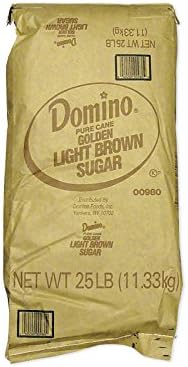 Domino Light Brown Sugar 25 lb bulk bag with golden brown granules clearly displayed