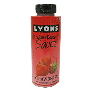 Lyons Strawberry Dessert Sauce 16 oz bottle with vibrant red strawberry syrup