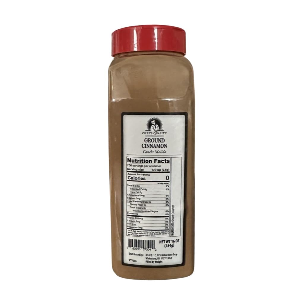 Chef's Quality Ground Cinnamon 1 lb jar in clear plastic container with red cap, front label visible
