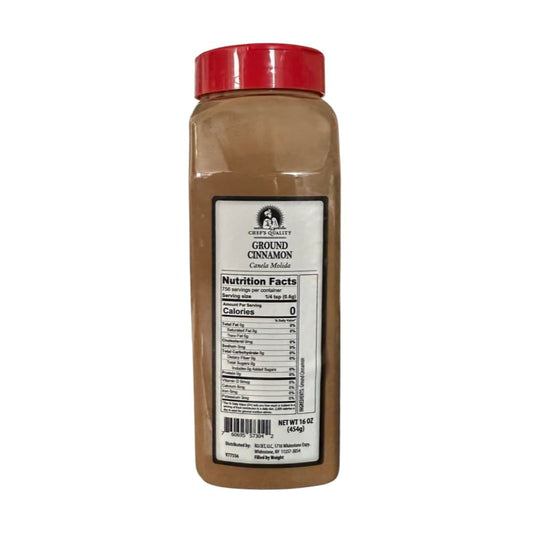 Chef's Quality Ground Cinnamon 1 lb jar in clear plastic container with red cap, front label visible