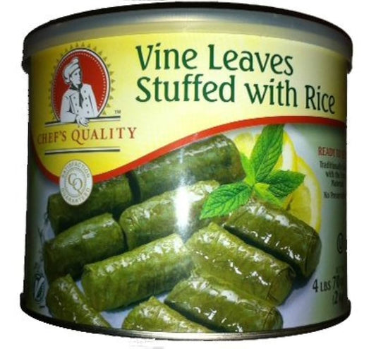 Chef's Quality Grape Leaves Stuffed With Rice Dolmades 4 lbs can showing authentic Turkish product