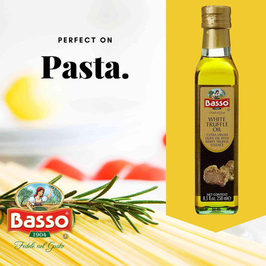 Basso White Truffle Infused Olive Oil 8.5 fl oz bottle with gold cap and Italian label