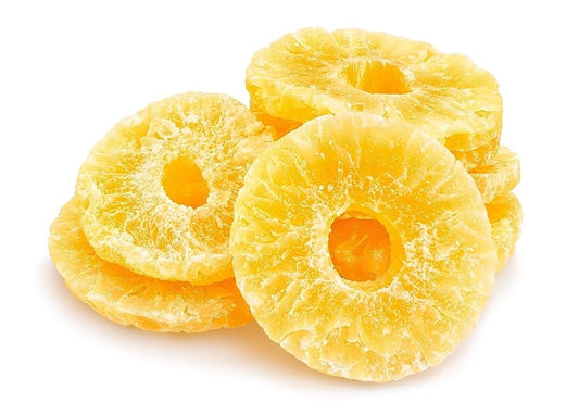 Bulk pack of dehydrated pineapple slices with vibrant yellow color