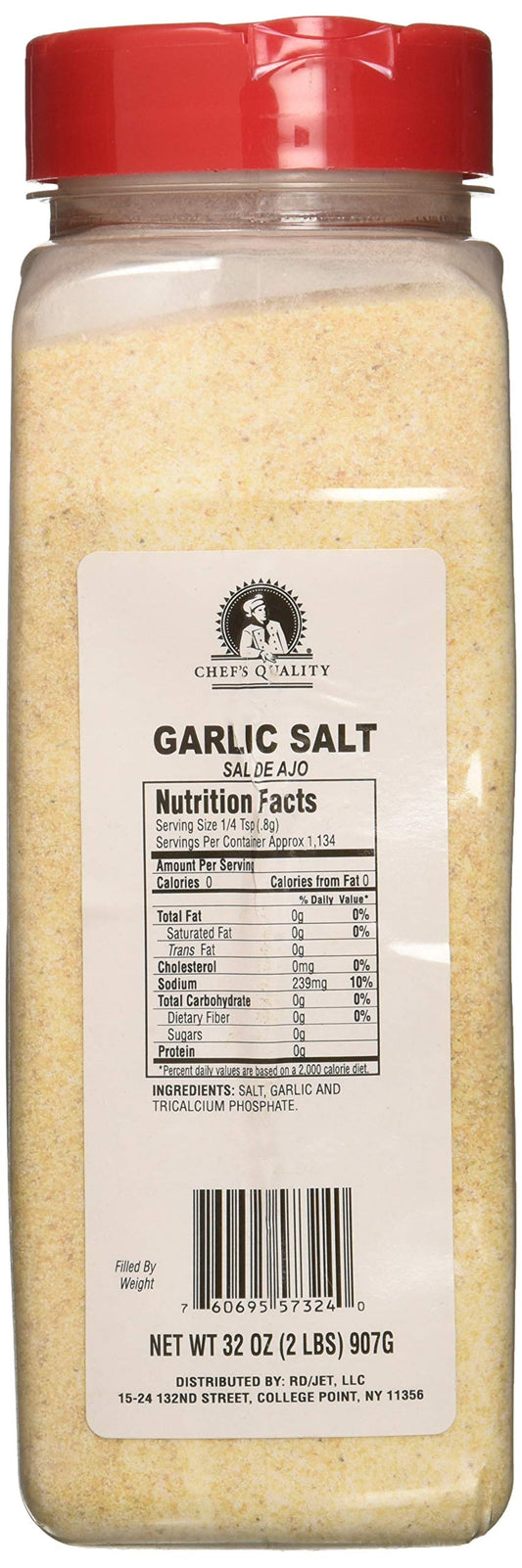 Chef's Quality Garlic Salt 2 lb shaker bottle front view