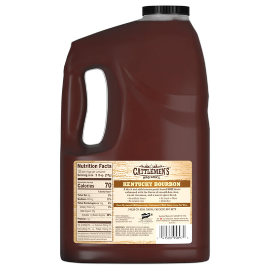 Cattlemen's Kentucky Bourbon BBQ Sauce 1 Gallon Jug with label and handle, ideal for food service or bulk grilling