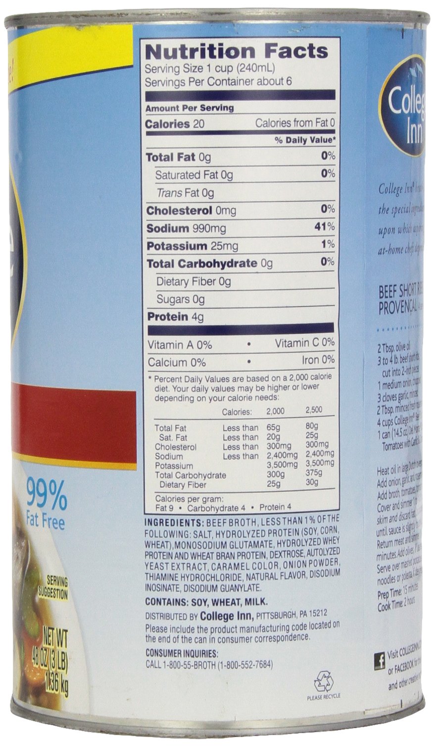 College Inn Beef Broth 48oz Carton, ready to use for cooking and recipes