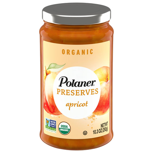 4 lb jar of Polaner Apricot Preserves with real fruit, sealed lid, and clear label