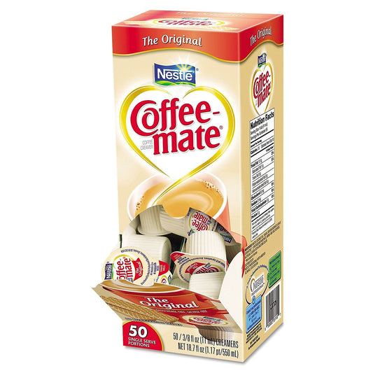 Coffee Mate Original Liquid Creamer Cups 50 count box with single serving tubs displayed