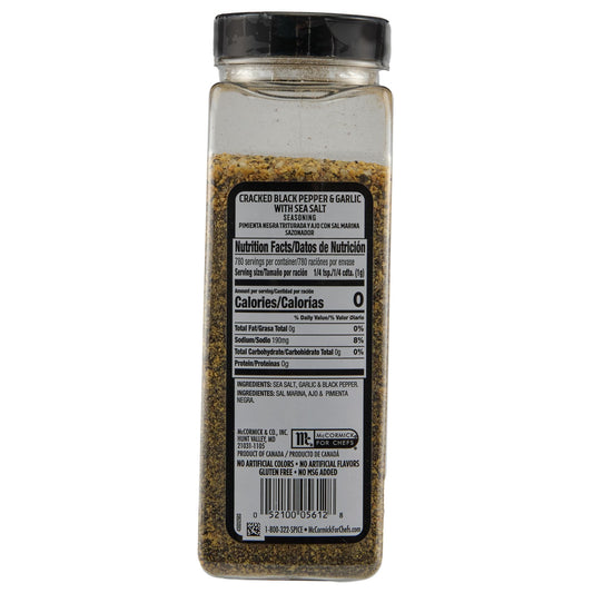 McCormick Grill Mates Cracked Black Pepper & Garlic with Sea Salt Seasoning 27.52oz bulk container front view