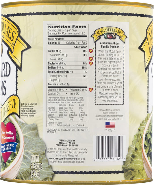 Margaret Holmes Chopped Collard Greens #10 Can bulk southern style vegetables