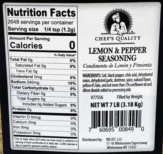 Chef's Quality Lemon Pepper Seasoning 7 pound bulk jar with lemon and pepper graphics