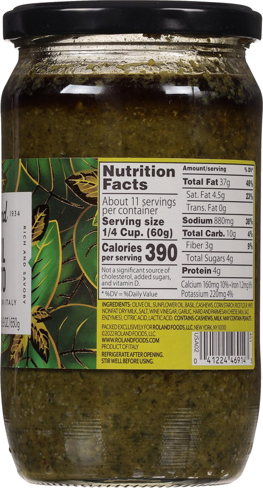 Roland Basil Pesto, 23 oz jar - Italian pesto sauce made with basil, olive oil, cheese, and cashews