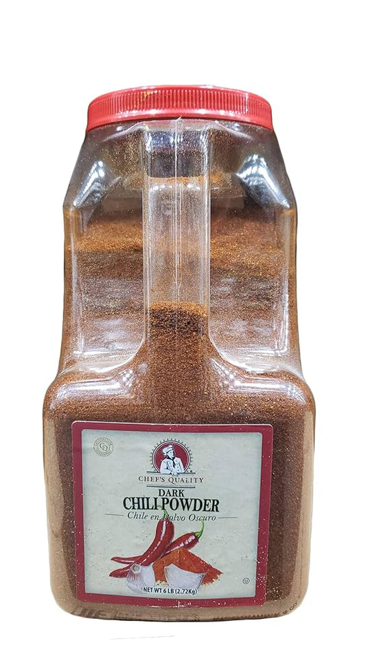 Chef's Quality Dark Chili Powder 6 lbs bulk container with spice label