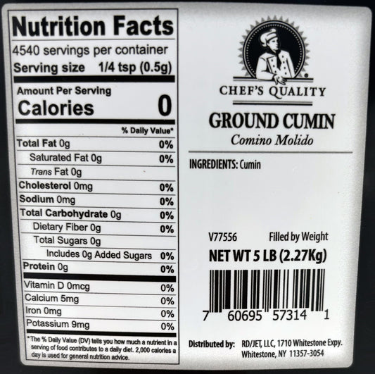 Chef's Quality Ground Cumin Seeds 5 lbs bulk bag front view