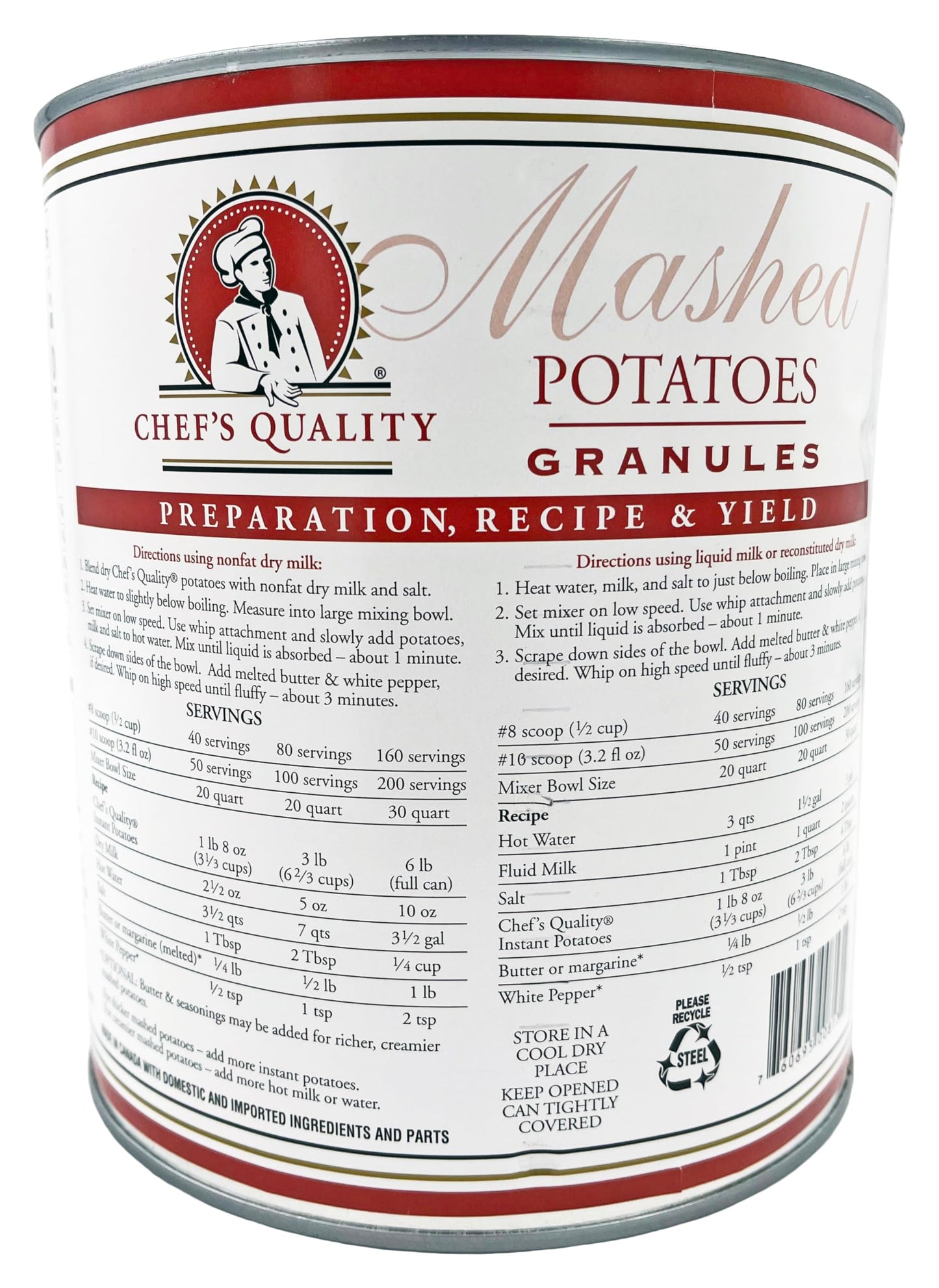 Chef's Quality Mashed Potato Granules in #10 Can - Bulk 96 Ounce Foodservice Packaging