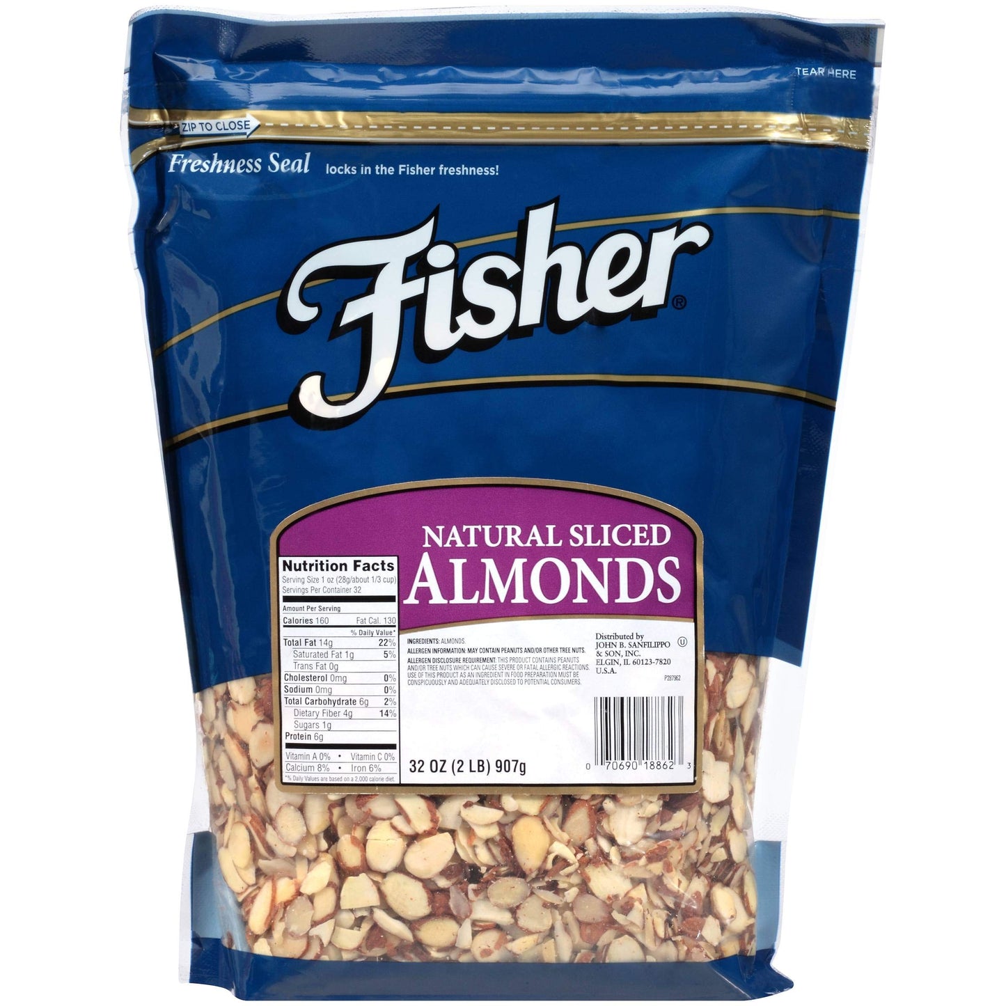 Fischer Sliced Almonds 2 lbs resealable bag, natural skin-on almonds