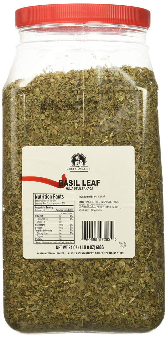Chef's Quality Basil Leaves 24 oz bulk jar perfect for culinary use