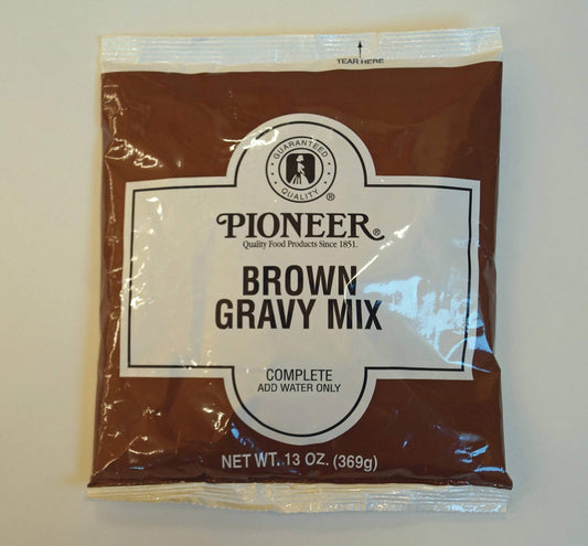 Pioneer Brown Gravy Mix 13 ounce pouch with rich brown packaging and serving suggestion