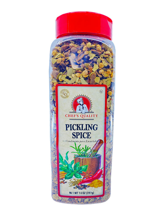 Chef's Quality Pickling Spices 14 Ounce Jar vibrant blend with bay leaves, cinnamon, mustard and coriander seeds