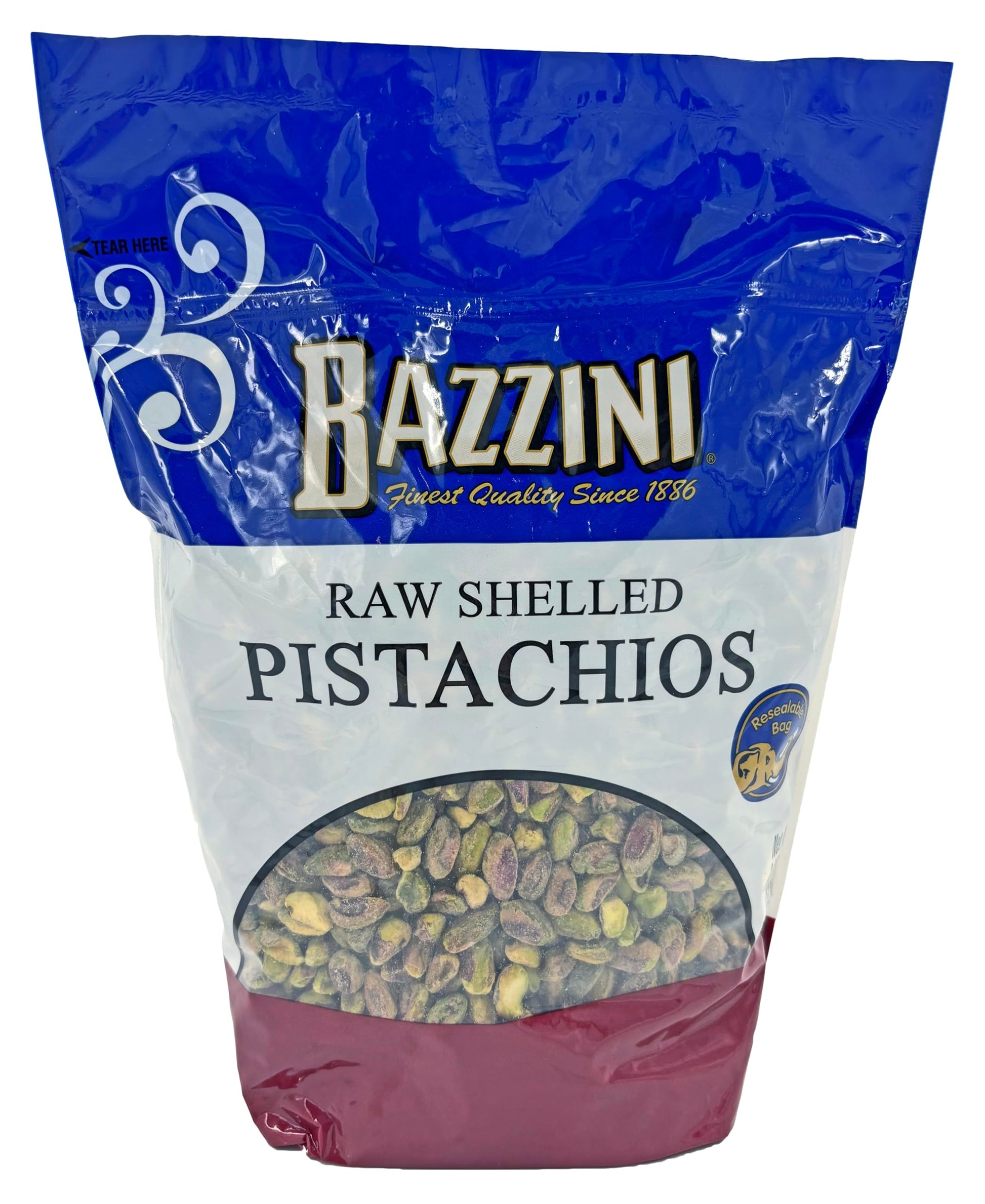 Bazzini Raw Shelled California Pistachios 3.25 lb clear bag with pistachios visible