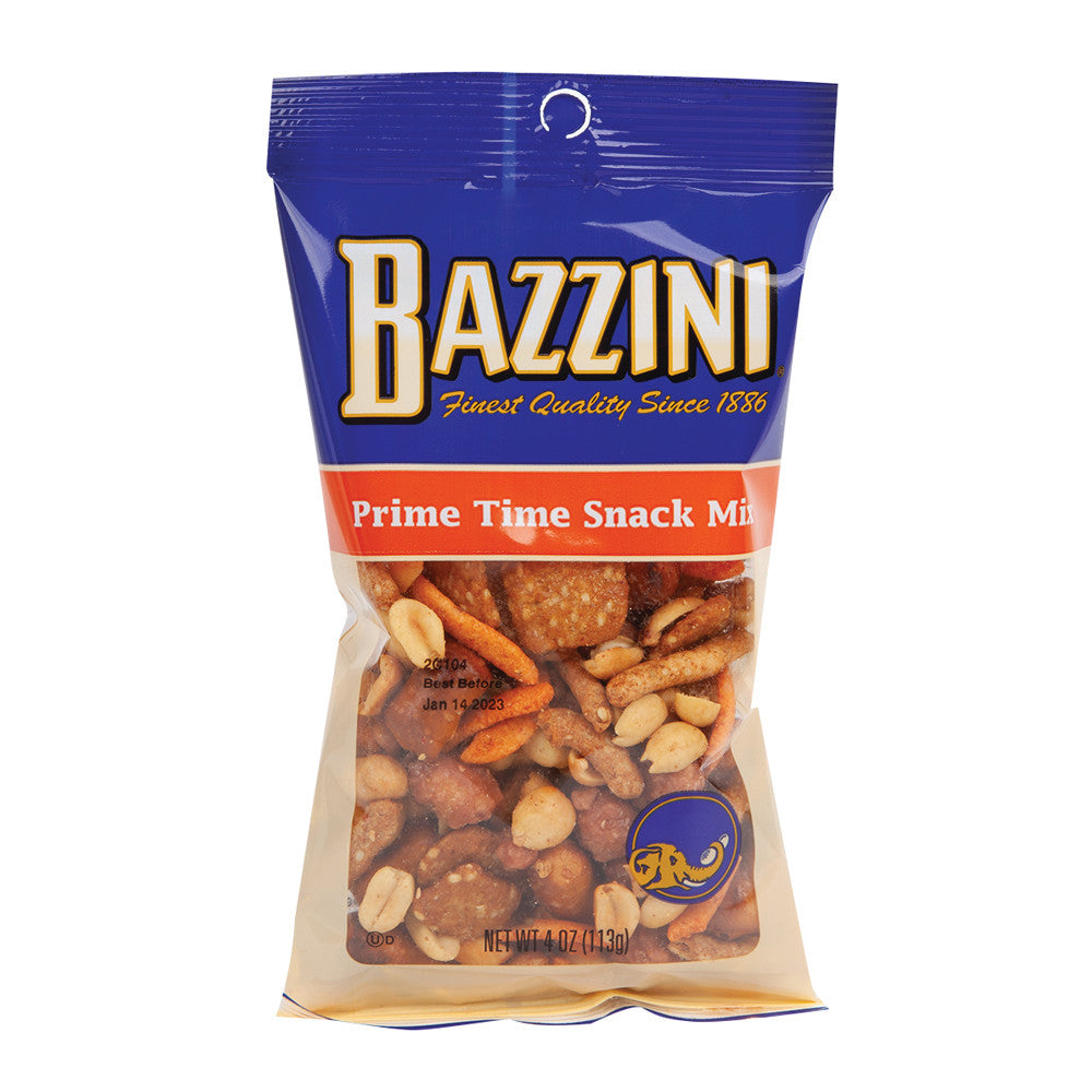 Bazzini Prime Time Snack Mix 4lb bulk bag showing mixed nuts, crackers, and pretzels