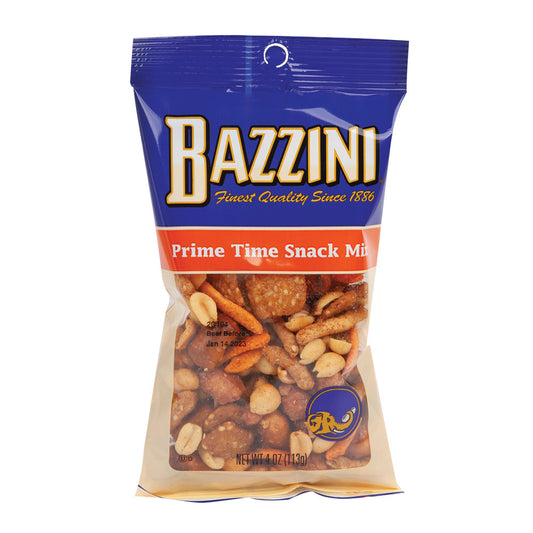 Bazzini Prime Time Snack Mix 4lb bulk bag showing mixed nuts, crackers, and pretzels