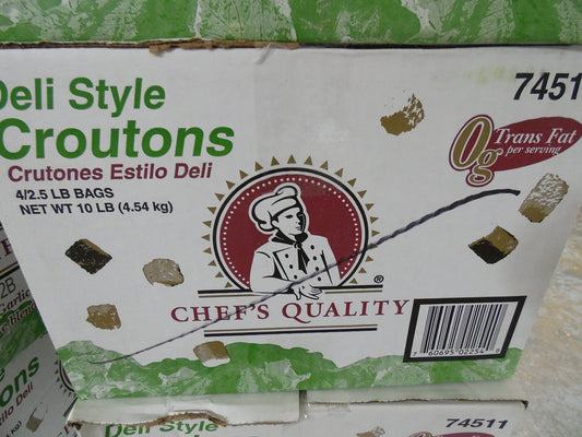 Bulk bag of Chef's Quality Deli Style Croutons made from hearth baked Italian bread, 2.5 lb in packaging