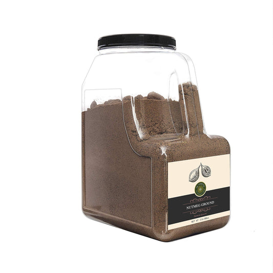 Chef's Quality Ground Nutmeg 1 lb jar with clear labeling, restaurant-grade spice