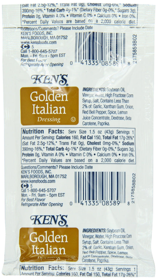 Ken's Golden Italian Dressing 1.5 oz single serve pouches in a 60 count foodservice case
