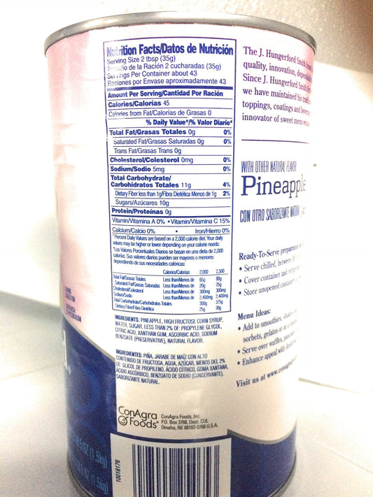 J. Hungerford Smith Pineapple Topping #5 can with authentic pineapple chunks, perfect for sundaes