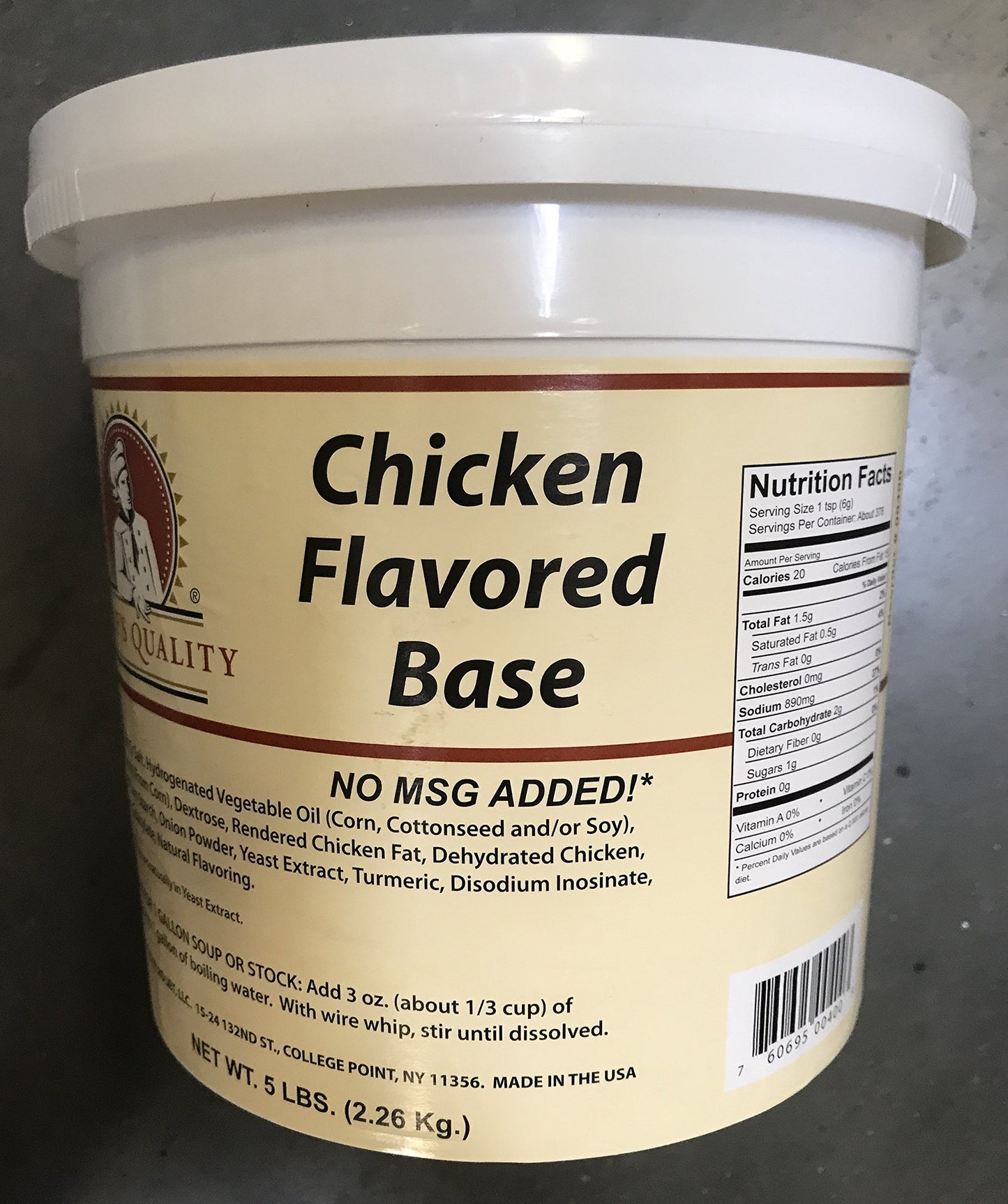 Chef's Quality No MSG Chicken Flavored Soup Base 5 lb tub showing product front label