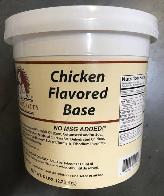 Chef's Quality No MSG Chicken Flavored Soup Base 5 lb tub showing product front label