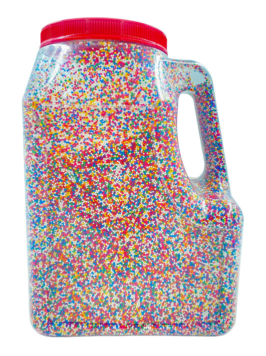 Large bulk container of Chef's Quality rainbow nonpareil sprinkles, 7 lbs